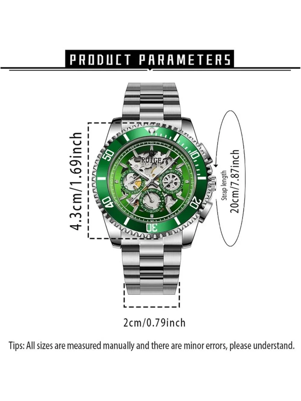 Men's Green Automatic Skeleton 43mm Mechanical Luminous Stainless Steel Watch